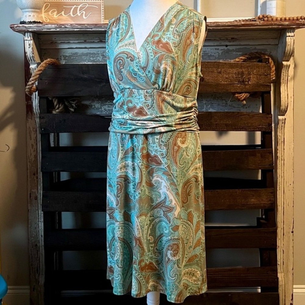 🟠MERONA Sleeveless Paisley Dress Ruched Waist Sage/Brown XL